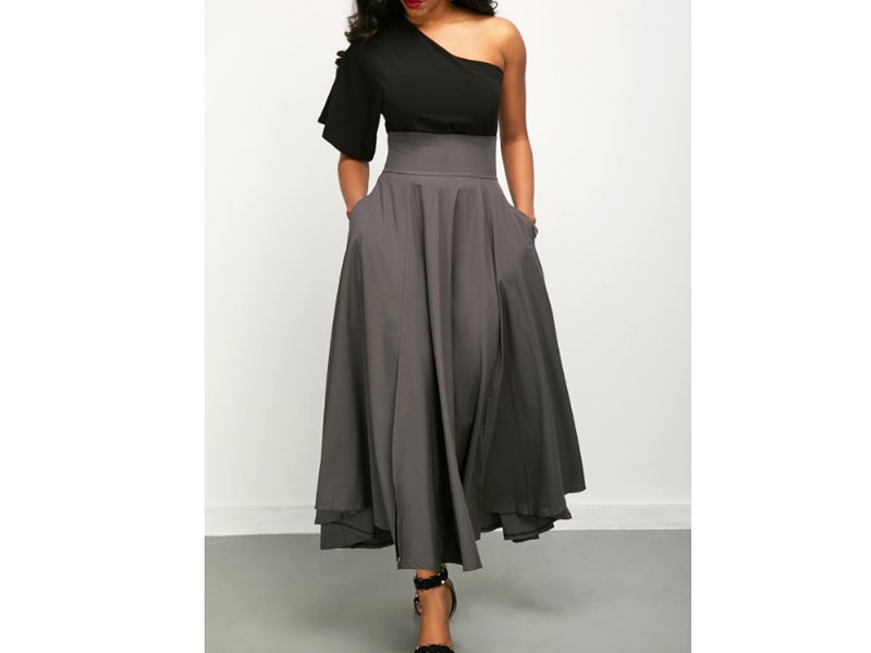 One Shoulder Top and High Waist Belted Skirt For Women