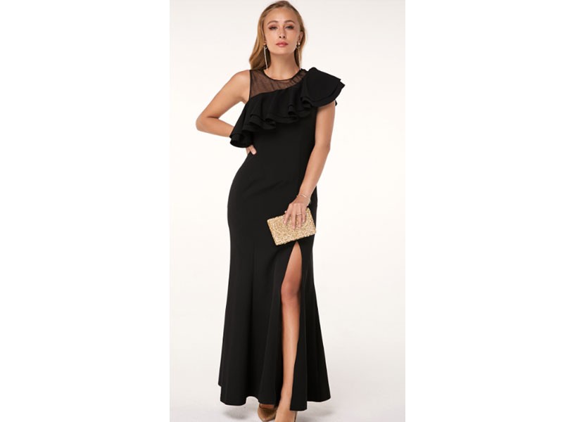 Women's Side Slit Ruffle Hem Black Maxi Dress