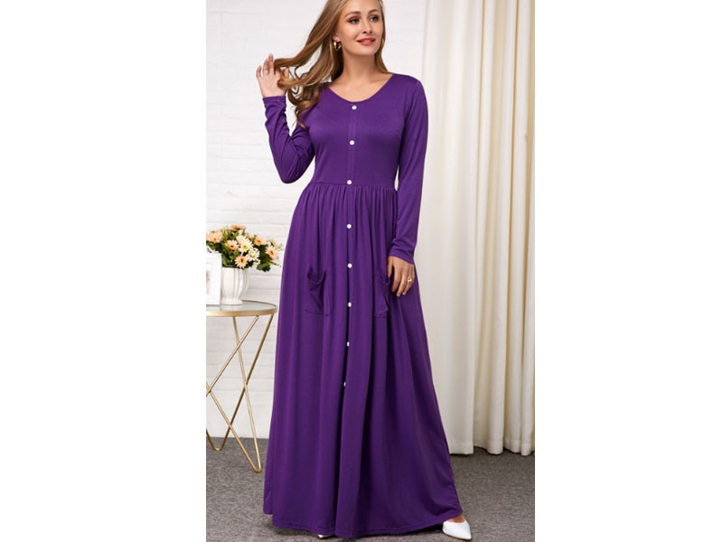 Women's Button Detail Purple Round Neck Dress