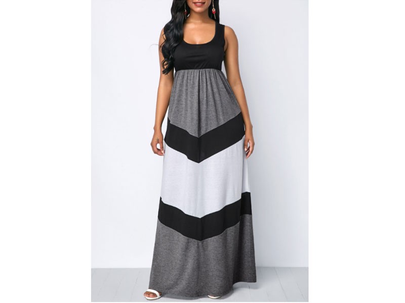 Color Block Scoop Neck High Waist Maxi Dress For Women