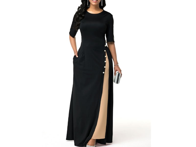 Women's Side Slit Button Detail Half Sleeve Maxi Dress