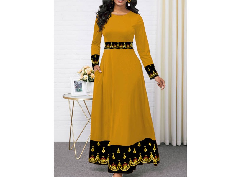 Round Neck Long Sleeve Printed Dress For Women