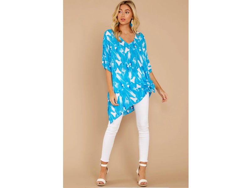 Let's Play Bright Blue Palm Print Top For Women