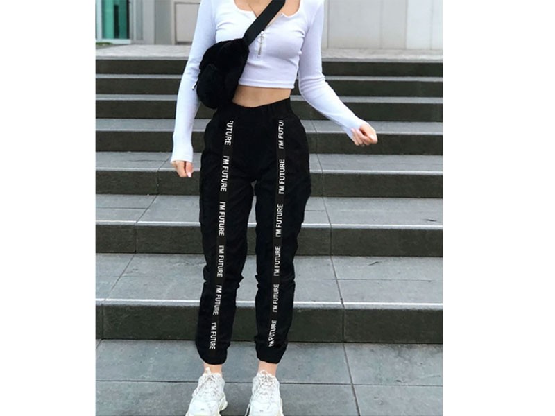 Black Letter Print Ribbon Design Pants For Women