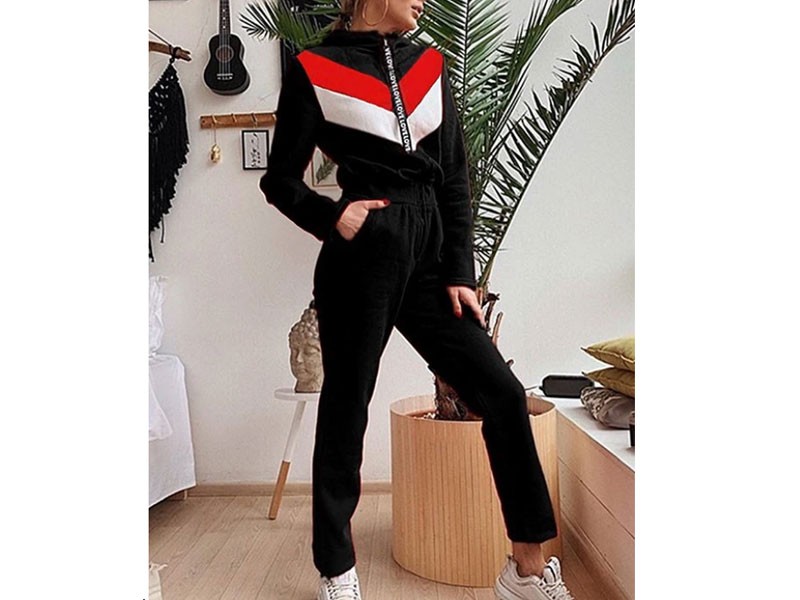 Black Hooded Design Patchwork Long Sleeves Jumpsuit For Women
