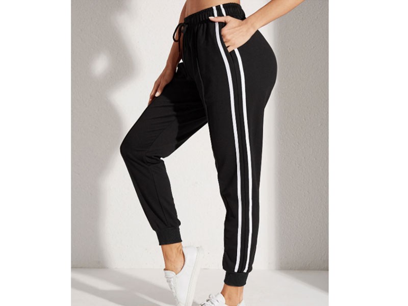 Black Lace-up Design Striped Drawstring Waist Sporty Joggers For Women
