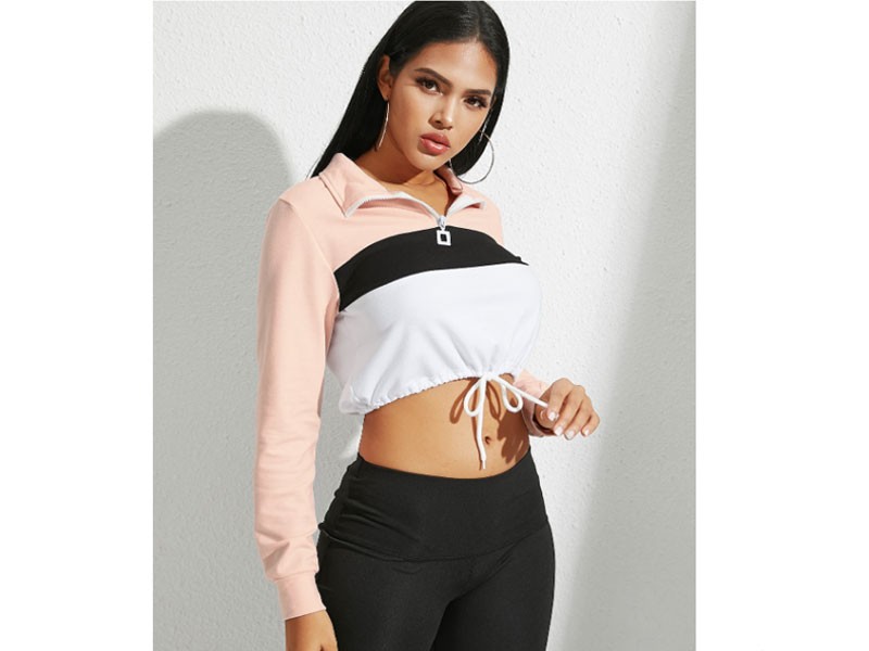 Yoins Pink Patchwork Zip Design Collar Drawstring Waist Sweatshirt For Women