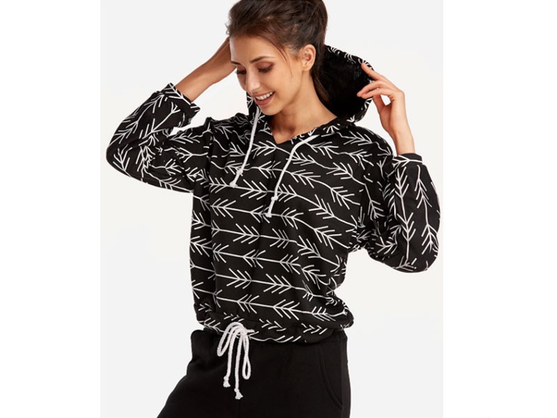 Women's Black Random Fishbone Pattern V-neck Long Sleeves Hoodie