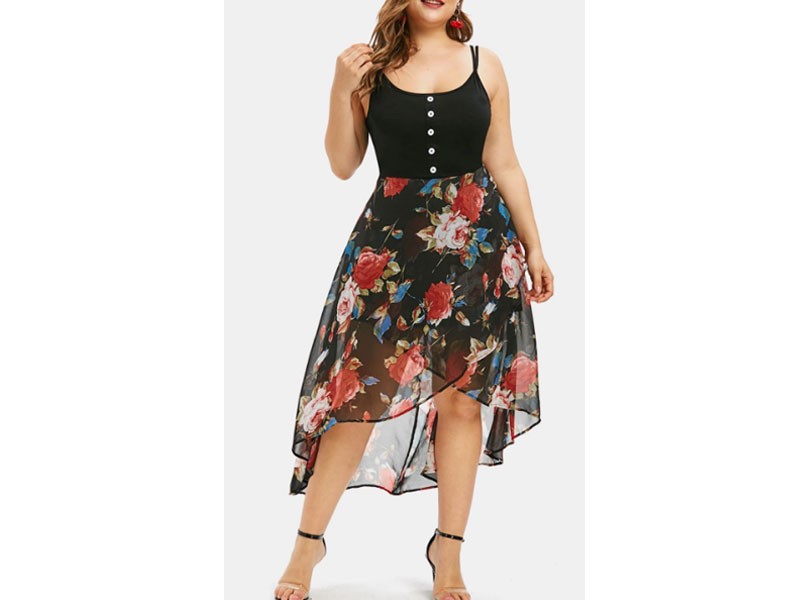 Floral Overlay High Low Plus Size Dress For Women
