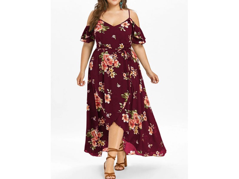 Women's Plus Size Hawaiian Cold Shoulder Maxi Dress