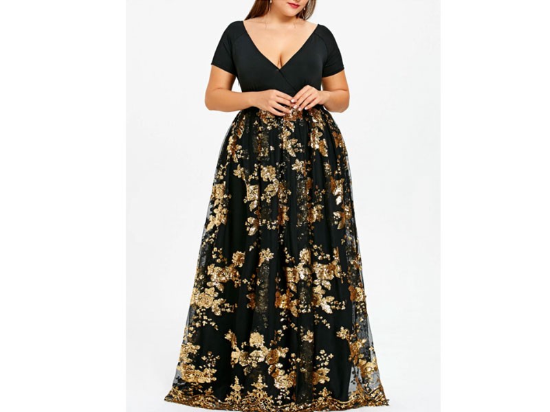 Women's Plus Size Floral Sequined Maxi Prom Dress