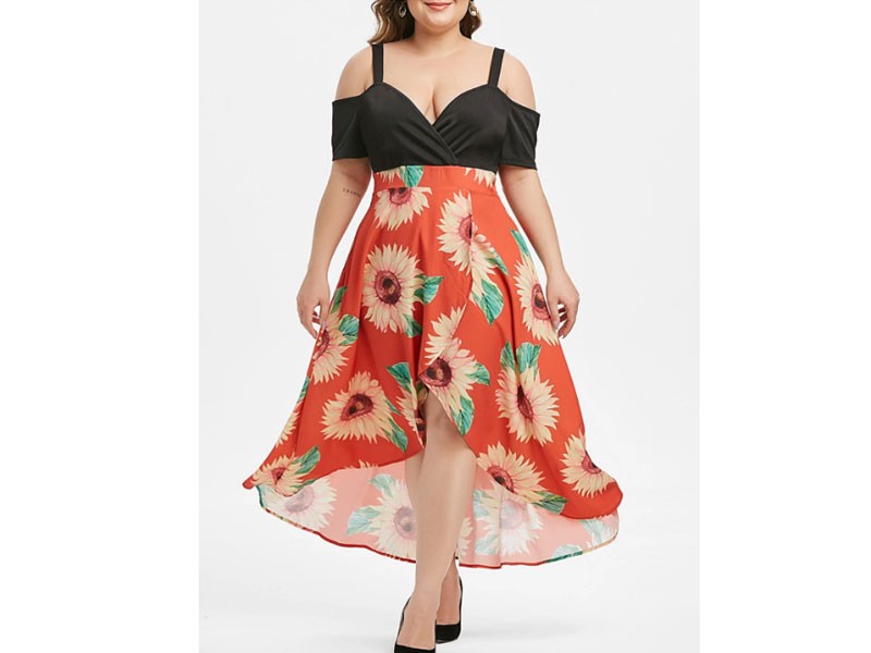 Plus Size Sunflower Print Open Shoulder High Low Tulip Dress For Women