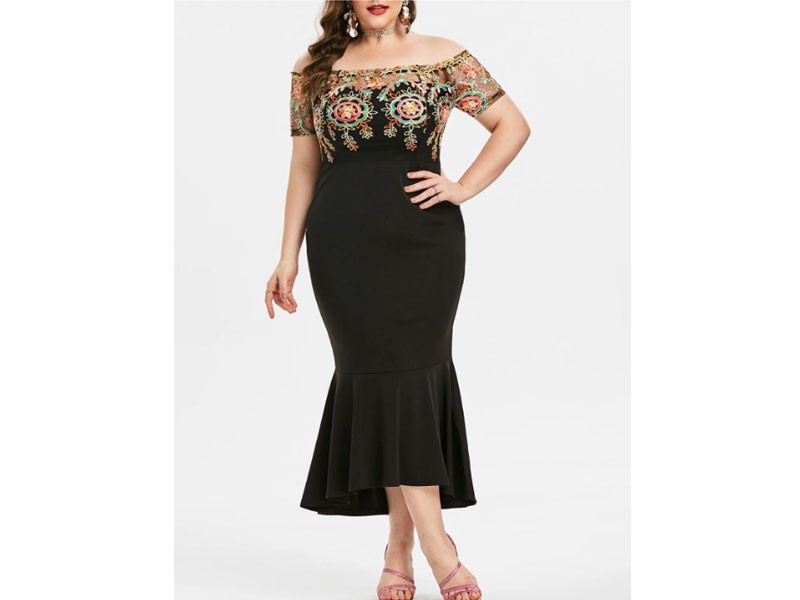 Women's Plus Size Off Shoulder Embroidered Fishtail Cocktail Dress