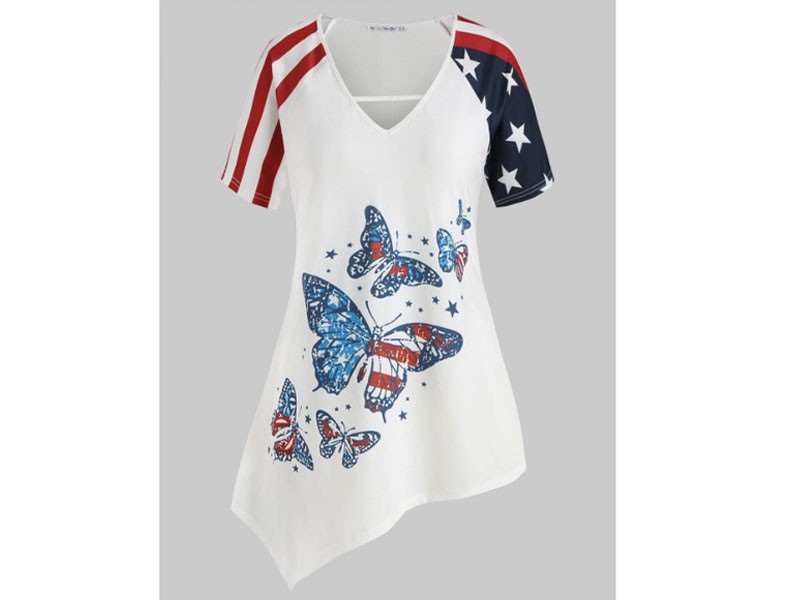 Plus Size American Flag Butterfly Print Asymmetrical Tunic