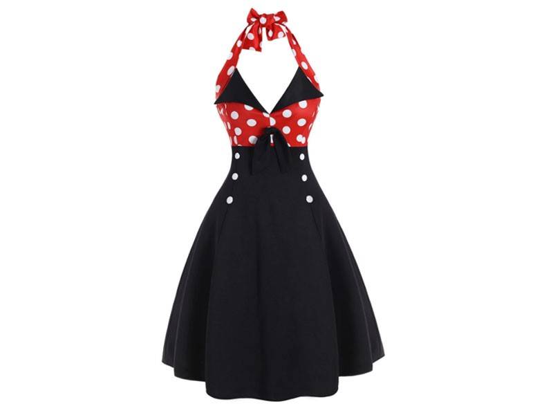 Women's Polka Dot Halter Mock Button Vintage Dress