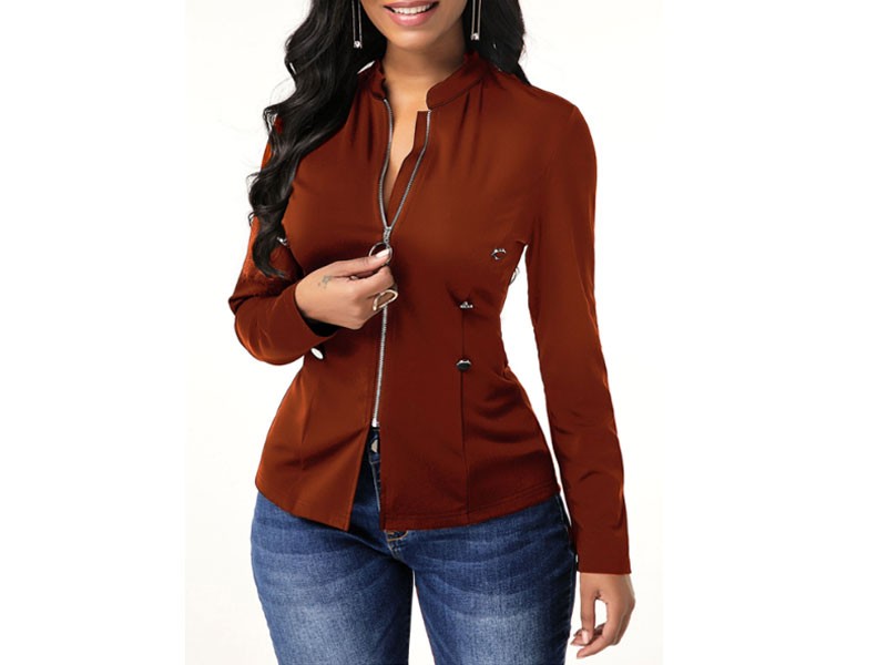Button Decorated Zipper Closure Long Sleeve Jacket For Women