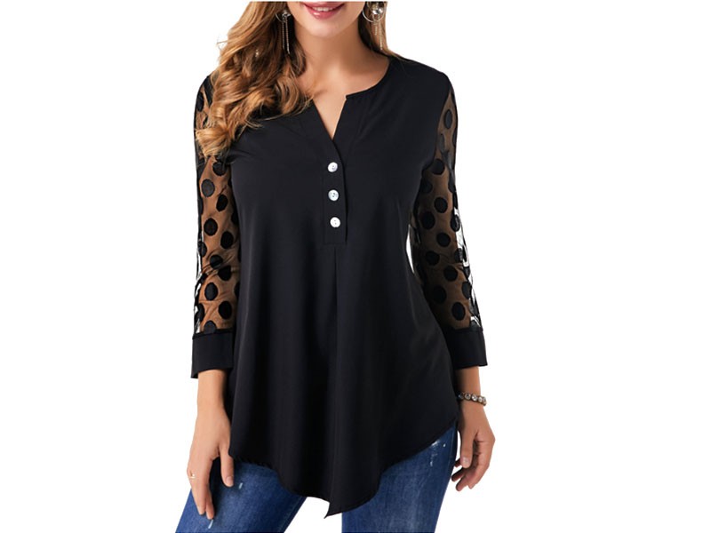 Button Detail Asymmetric Hem Lace Panel Blouse For Women