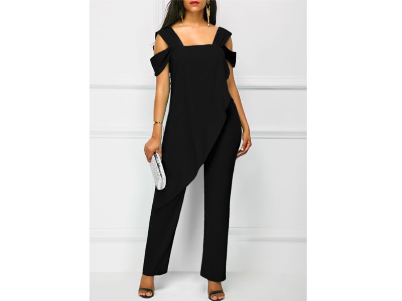 Women's Wide Strap Black Open Back Overlay Jumpsuit