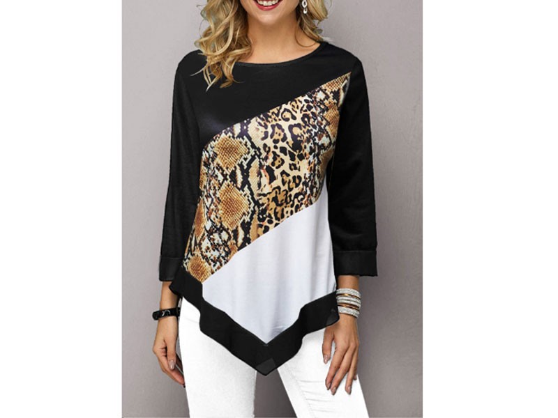 Women's Asymmetric Hem Three Quarter Sleeve Printed T Shirt