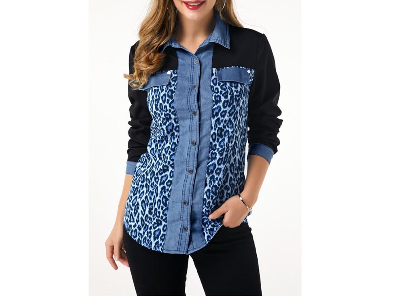 Denim Panel Leopard Print Button Up Shirt For Women