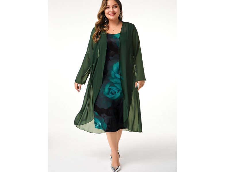 Plus Size Long Sleeve Chiffon Cardigan and Flower Women's Print Dress