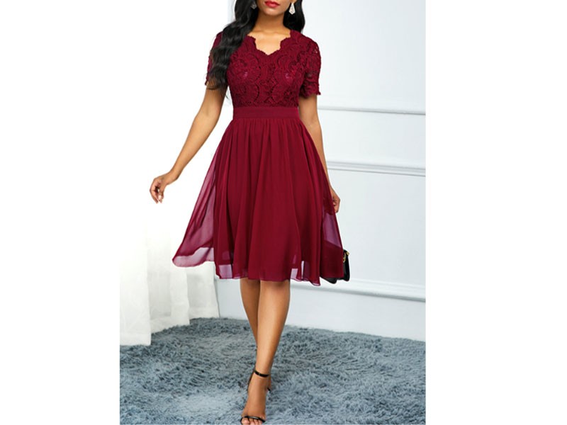 Women's High Waist Lace Panel Short Sleeve Dress