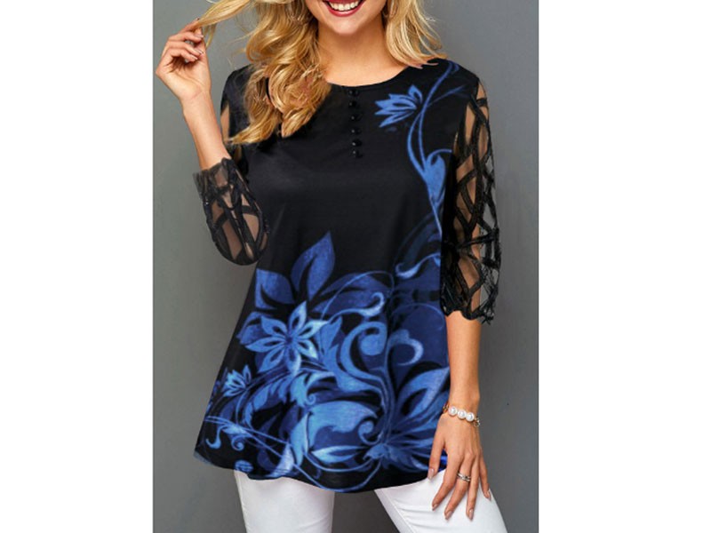 Women's Round Neck Flower Print Lace Panel T Shirt