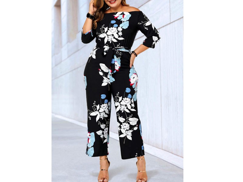 Plus Size Belted Three Quarter Sleeve Jumpsuit For Women