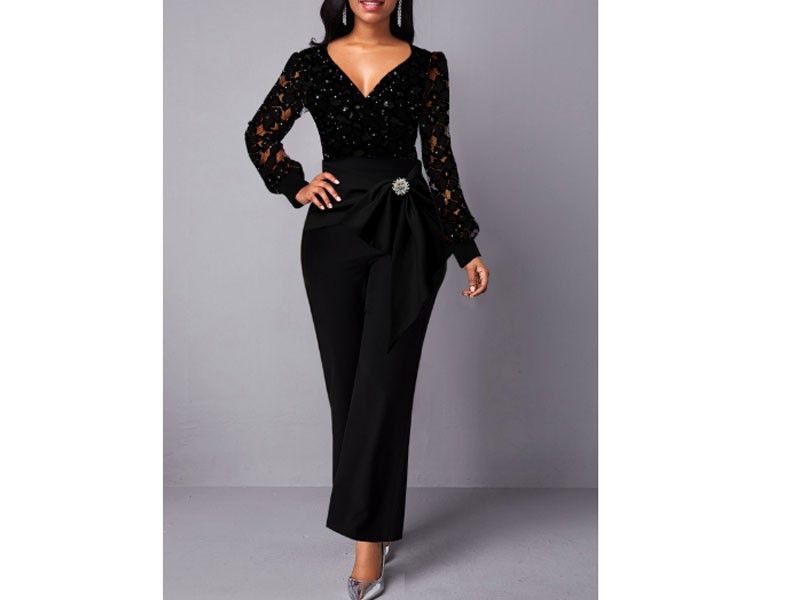 Women's Bowknot Detail Lace Panel Black Jumpsuit