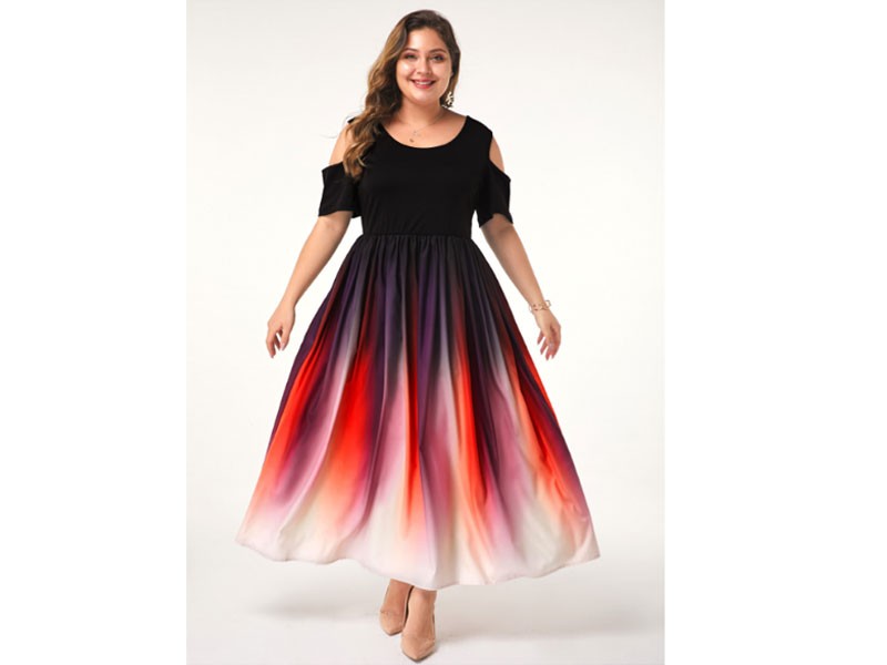 Plus Size Cold Shoulder Half Sleeve Gradient Dress For Women