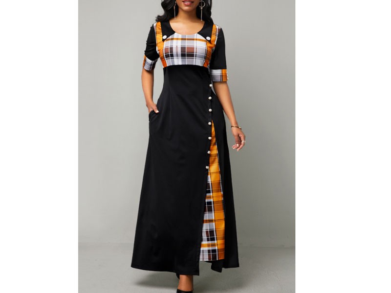 Half Sleeve Plaid Print Button Detail Women's  Maxi Dress