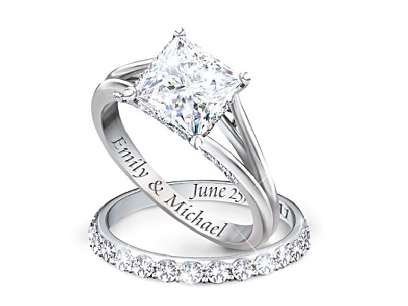 Princess Platinum-Plated Bridal Ring Set With Engraving