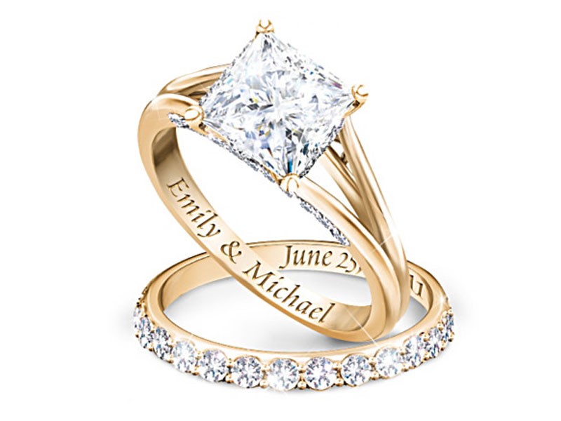 Princess Bridal Ring Set With Personalized Engraving