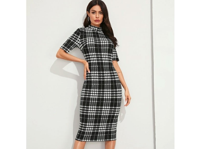 Shein Women's Mock Neck Plaid Pencil Dress