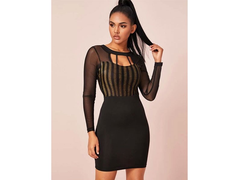 Sheer Mesh Yoke Cut-out Glitter Body Con Dress For Women