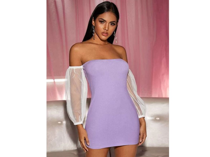 Contrast Sheer Bishop Sleeve Bardot Body Con Dress For Women