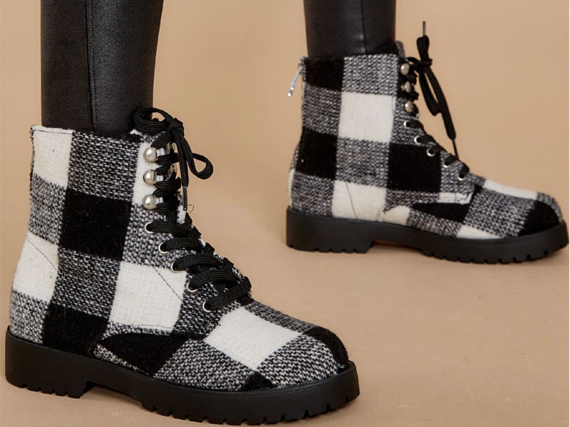 Everything My Way Black Buffalo Plaid Lace Up Boots For Women