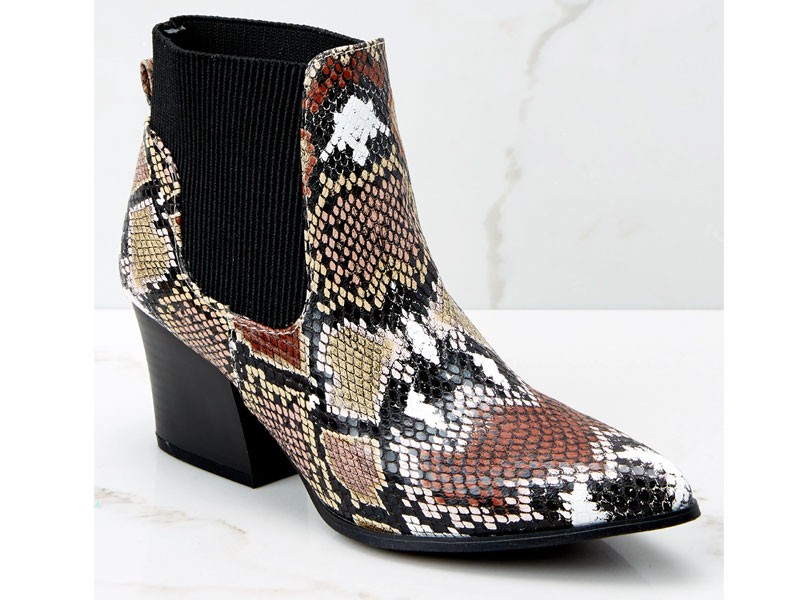 Hello It's Me Brown Multi Snake Print Ankle Boots For Women