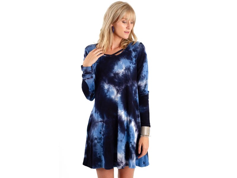 Simply Southern Long Sleeve Swing Dress in Tie Dye Blue