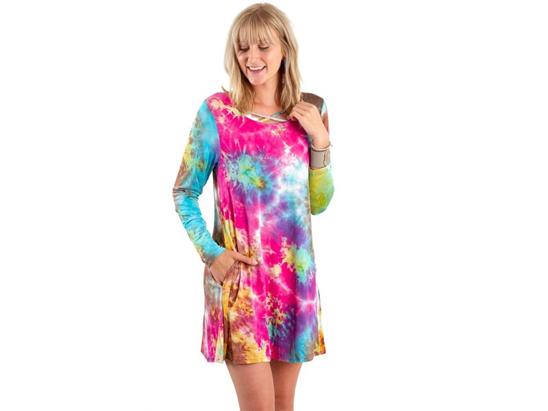 Simply Southern Long Sleeve Swing Dress in Tie Dye Multi