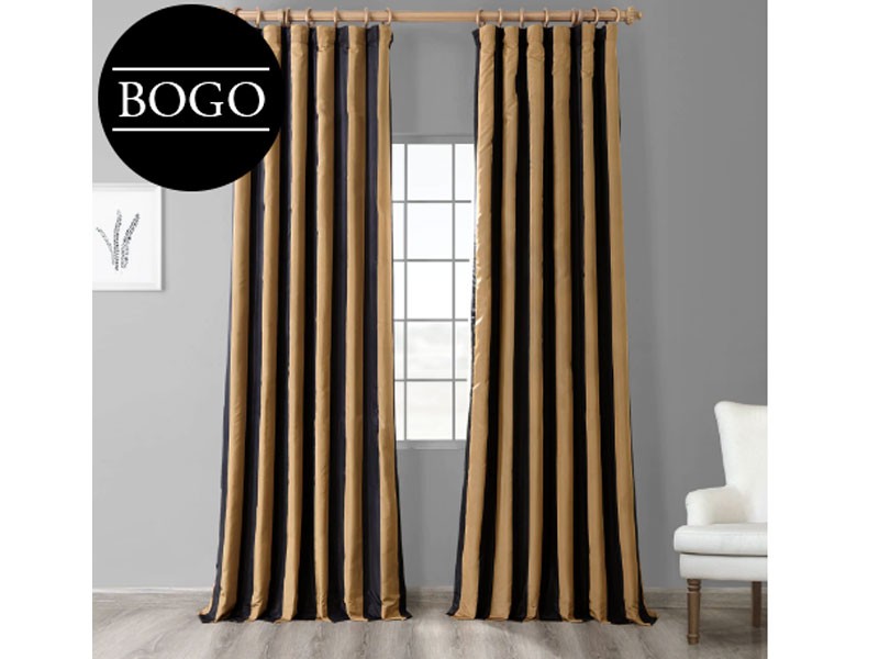 Regency Black & Gold Designer Striped Faux Silk Curtain