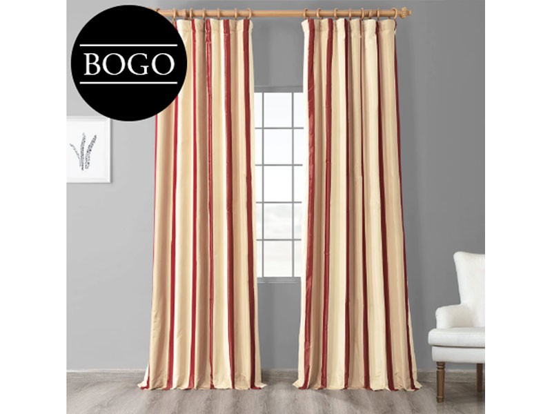 Manchester Gold & Red Designer Striped Faux Silk Curtain