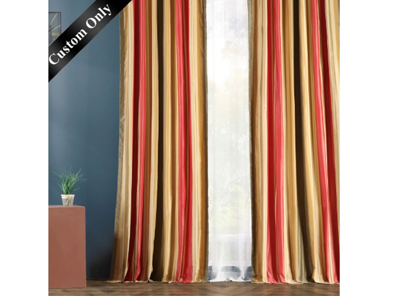 Orleans Bright Red & Gold Designer Striped Faux Silk Curtain