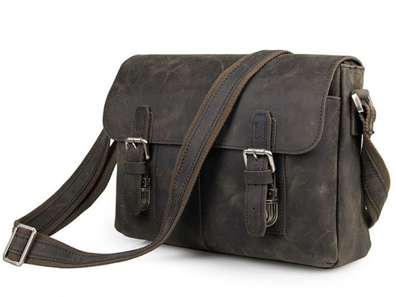Aukland 2 Men's Full Grain Distressed Leather Messenger Bag Grey Brown