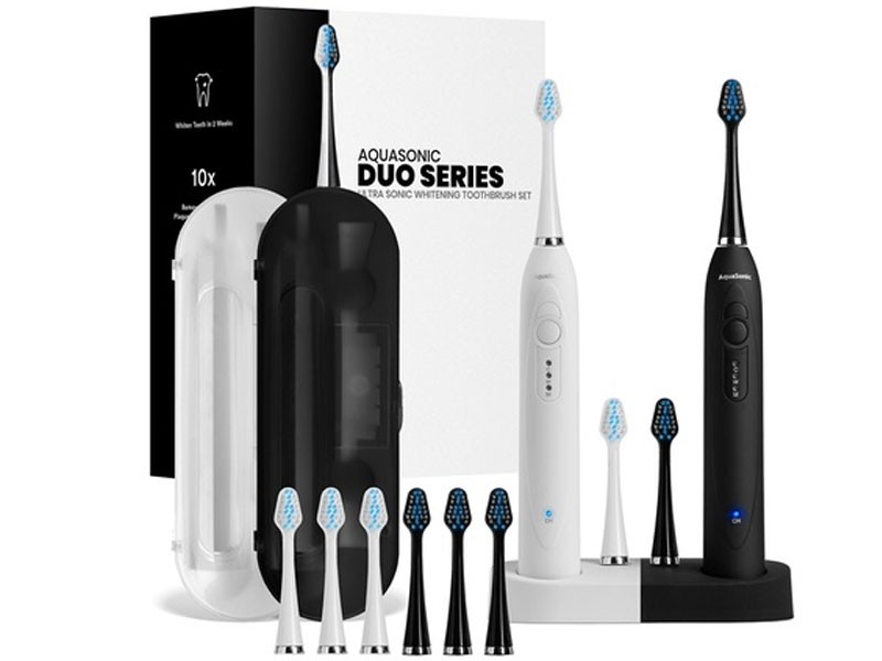 Aqua Soni DUO Dual Ultrasonic Toothbrushes with 10 Brush Heads & 2 Travel Cases