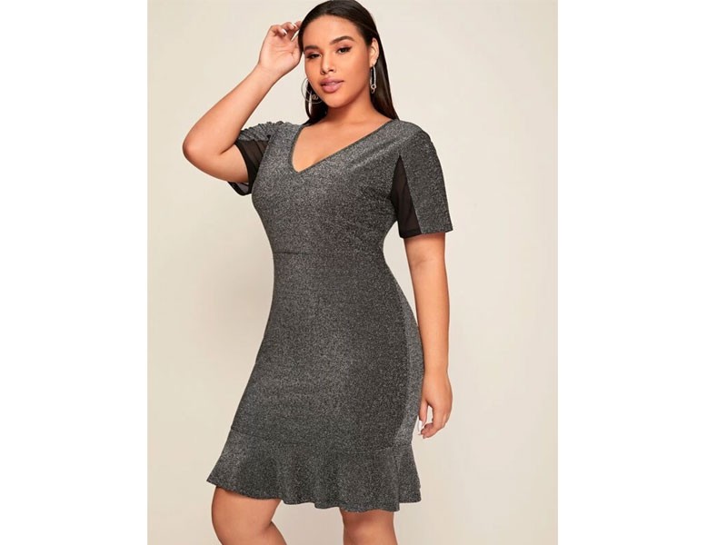 Women's Shein Plus Mesh Insert Sleeve Ruffle Hem Glitter Dress