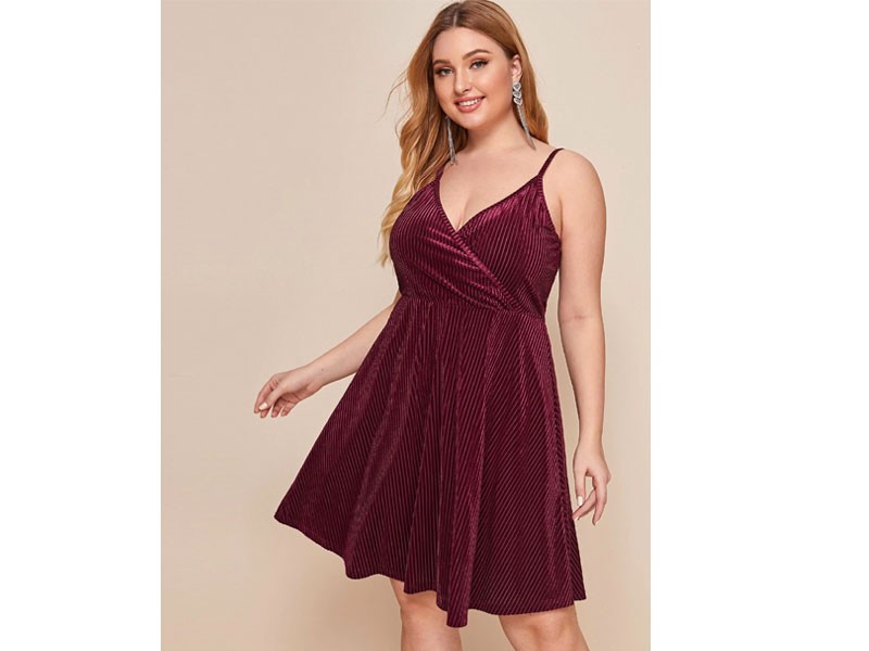 Shein Plus Surplice Neck Ribbed Velvet Cami Dress For Women