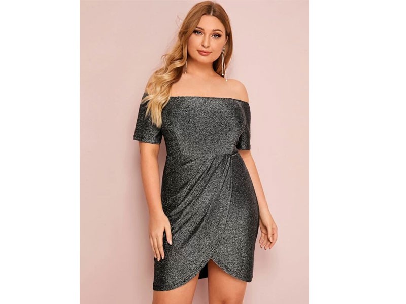 Shein Plus Off Shoulder Wrap Hem Glitter Dress For Women