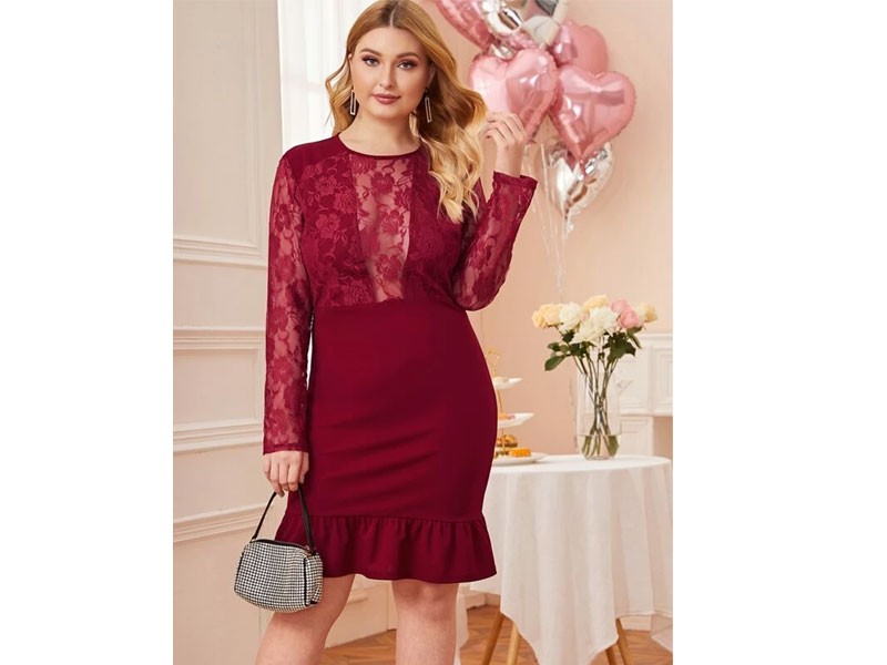 Plus Ruffle Hem Sheer Lace Bodycon Dress For Women