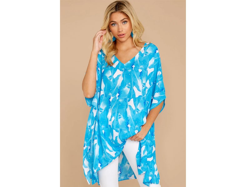 Let's Play Bright Blue Palm Print Top For Women